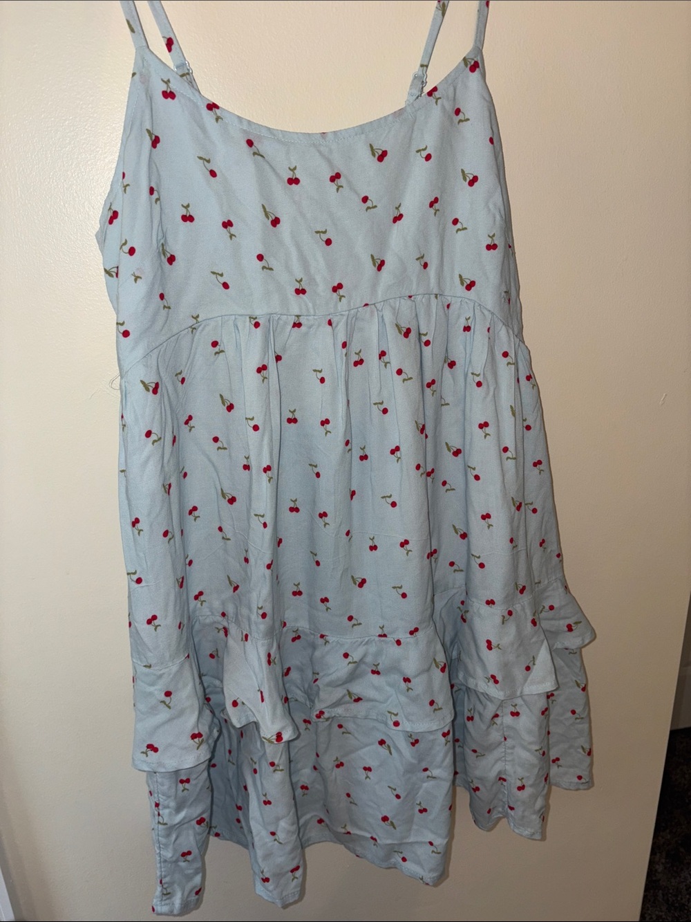 SO Light Blue Cherry Print Tiered Sundress